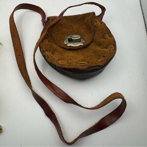 VINTAGE Handmade Soft Suede Leather Two Tone Bag Pouch Brown Rustic